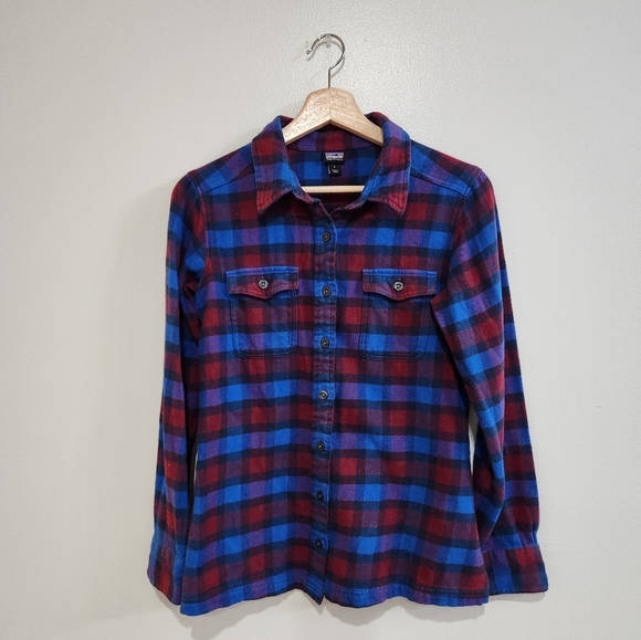 Patagonia Fjord Flannel shirt. Size 2 in blue, burgundy, and purple plaid - Picture 1 of 7
